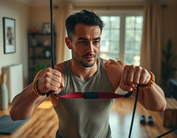 compact gym equipment, focused expression, using resistance bands, photorealistic, home gym with wooden floor and large window, highly detailed, tension visible in bands, 4k resolution, warm earth tones, soft ambient lighting, shot with a wide-angle lens