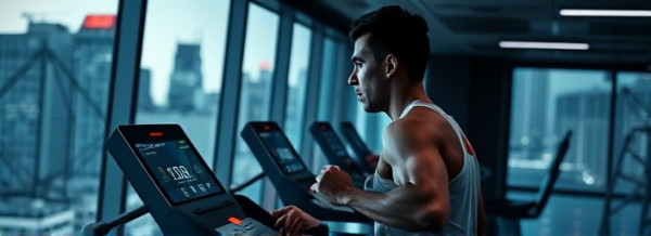 advanced exercise equipment, concentrated expression, running on a treadmill, photorealistic, urban gym with cityscape view, highly detailed, electronic display glowing, 8k resolution, monochrome with red accents, artificial lighting, shot with a 35mm lens