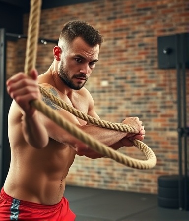 innovative training equipment, competitive expression, doing battle ropes workout, photorealistic, spacious industrial gym with exposed brick, highly detailed, ropes undulating dramatically, 4k resolution, rustic browns and grays, harsh spotlighting, shot with a telephoto lens