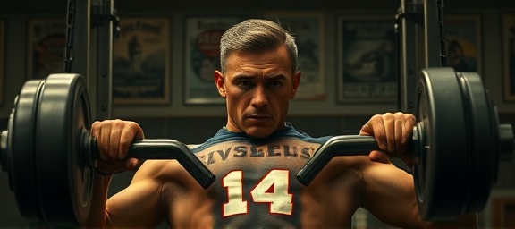 old-school workout equipment, intense expression, bench pressing, photorealistic, retro-style gym with vintage posters, highly detailed, metal gym equipment marks, 8k resolution, sepia tones, dim ambient lighting, shot with a close-up lens