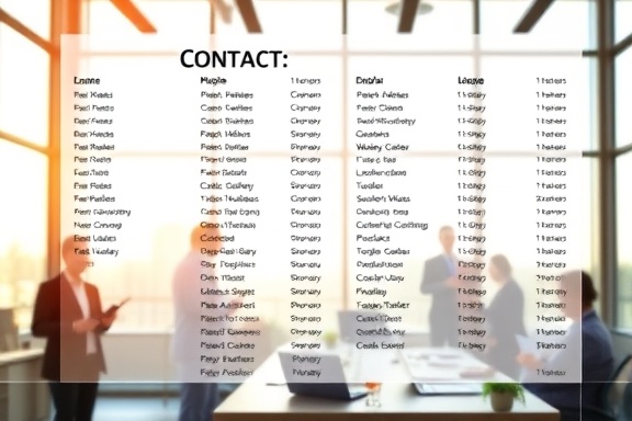 organized contact list, neatly arranged, easy to read, photorealistic, in a modern office environment with big windows, highly detailed, with interactions and gestures, warm neutrals, bright natural lighting showcasing depth of field, shot with a wide-angle lens.