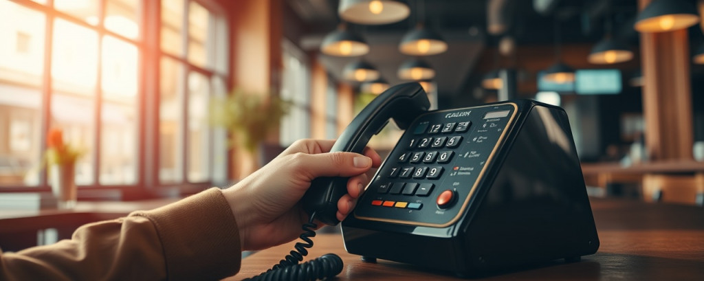 modern contact phone, vintage style, being used, photorealistic, in an urban cafe with warm wooden accents, highly detailed, with motion blur from hand gestures, deep shadows with bright highlights, shot with an 85mm lens.