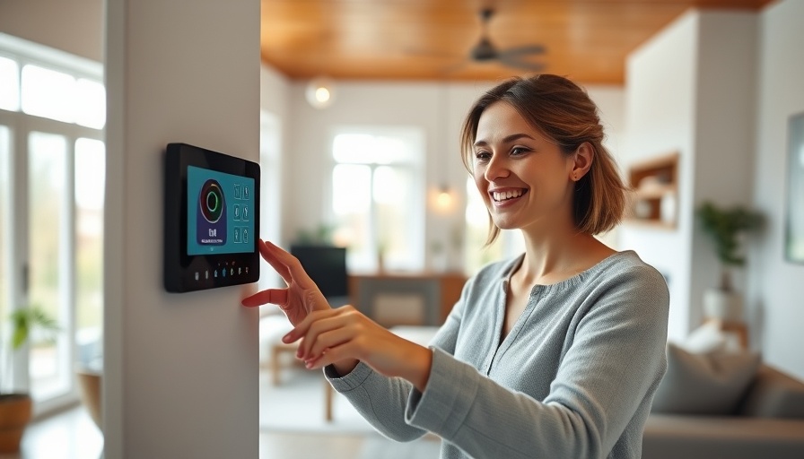 Woman using home security panel in cozy room impacts mental health.