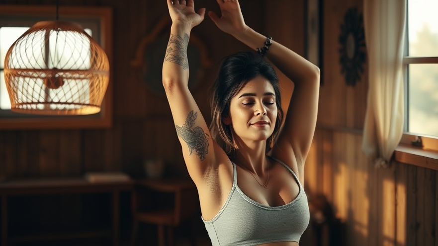 Tattooed woman in handstand, serene fall wellness in cozy indoor room.