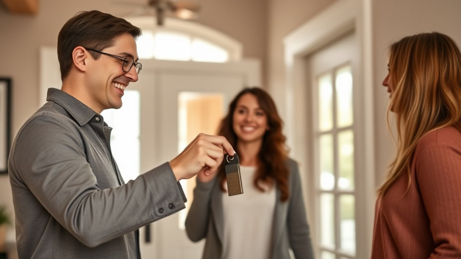 Smiling Maryland real estate agent hands keys to excited home buyers in a cozy foyer.
