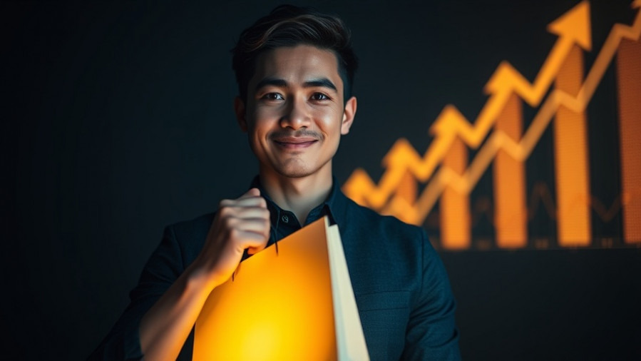 Confident young entrepreneur with glowing shopping bag, symbolizing local business promotions.