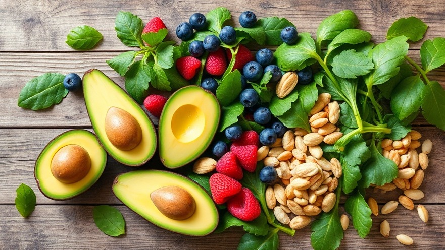 Healthy living: Fresh meal flat lay for weight loss foods with avocados and berries.