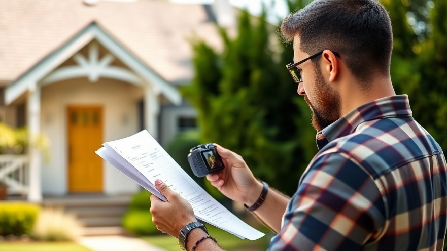 Focused male photographing home exterior, preparing for a home appraisal.