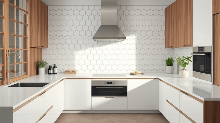 Modern kitchen with hexagonal backsplash tiles showcasing cleaning tips and care routines.