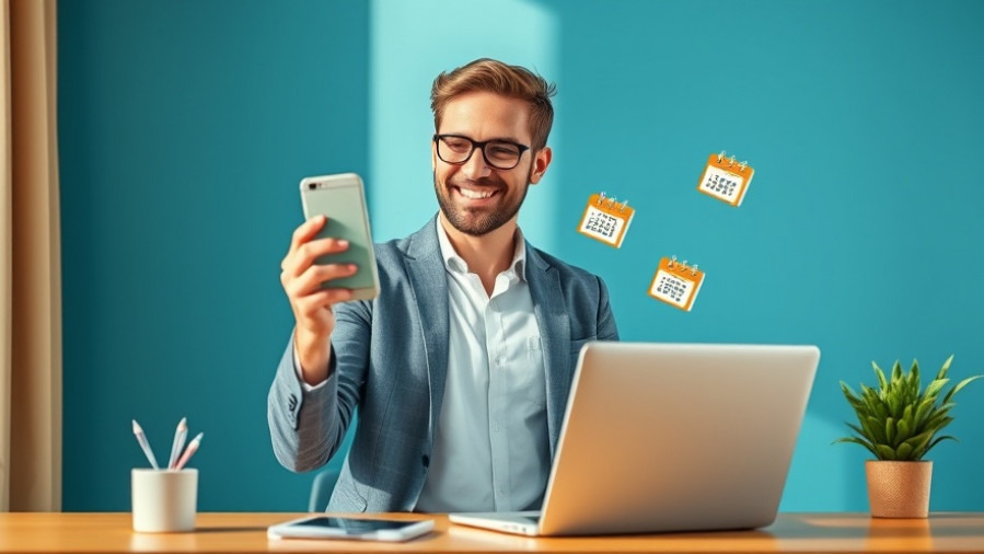 Cheerful person mastering calendar management with digital devices and colorful icons.