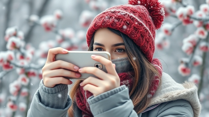 Young woman embracing Instagram marketing in winter, capturing user-generated content.