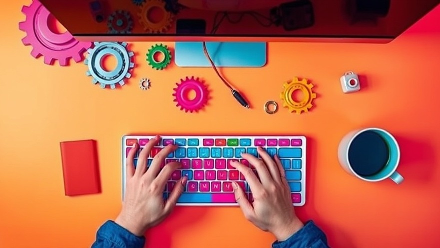 Hands typing on a colorful keyboard in a vibrant workspace to maximize AI productivity.