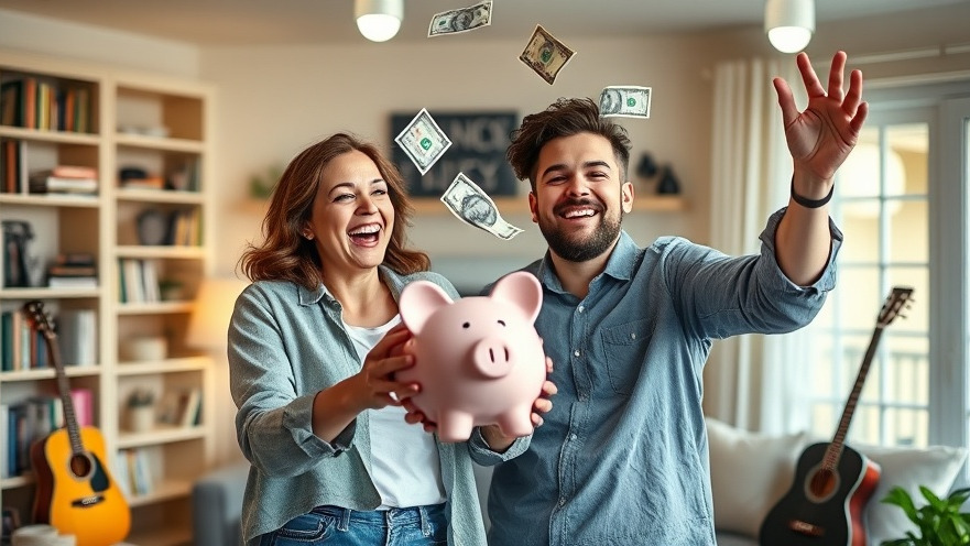 Joyful couple celebrating financial literacy and wealth accumulation with a piggy bank.