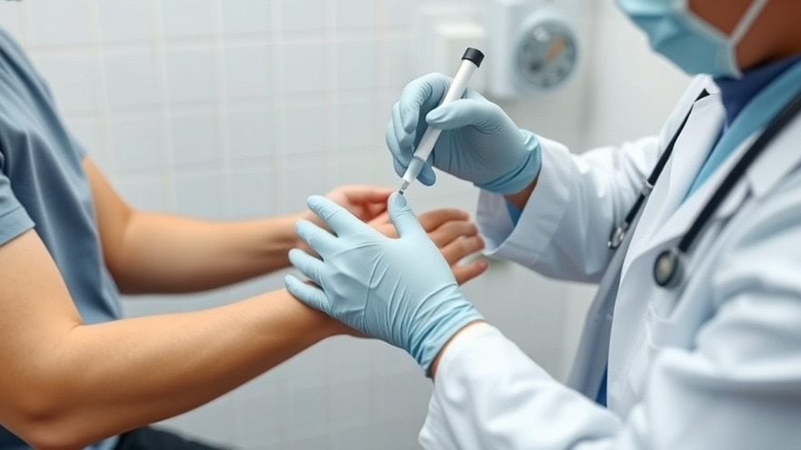 Medical professional assisting patient with diabetes screening in sterile environment