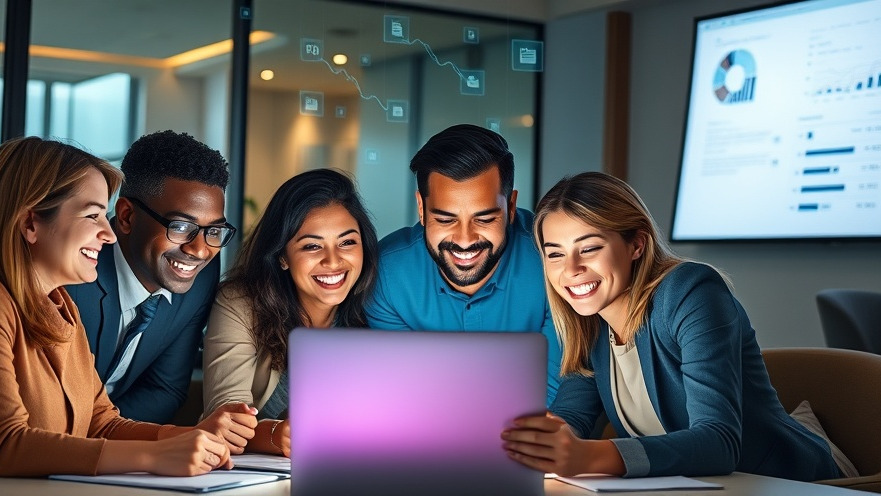 Diverse small business team collaboratively explores AI in small businesses with a glowing laptop.