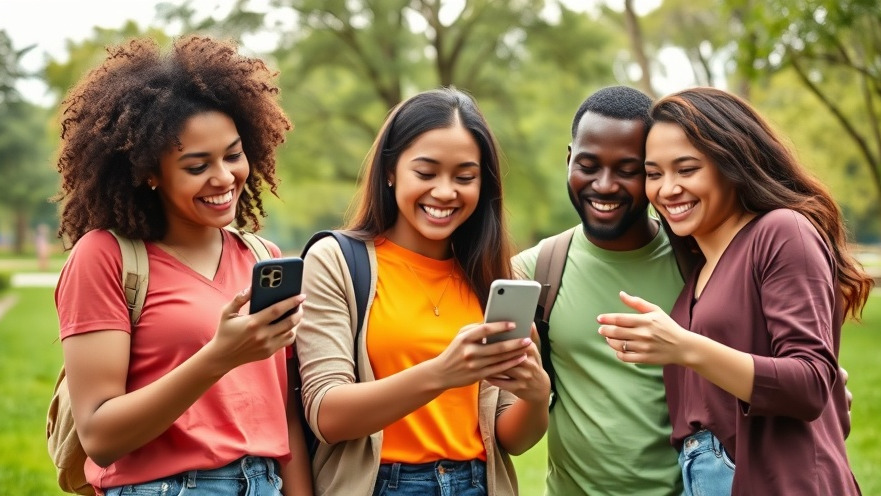 Diverse young adults share digital shopping experiences outdoors, promoting sustainable shopping habits.