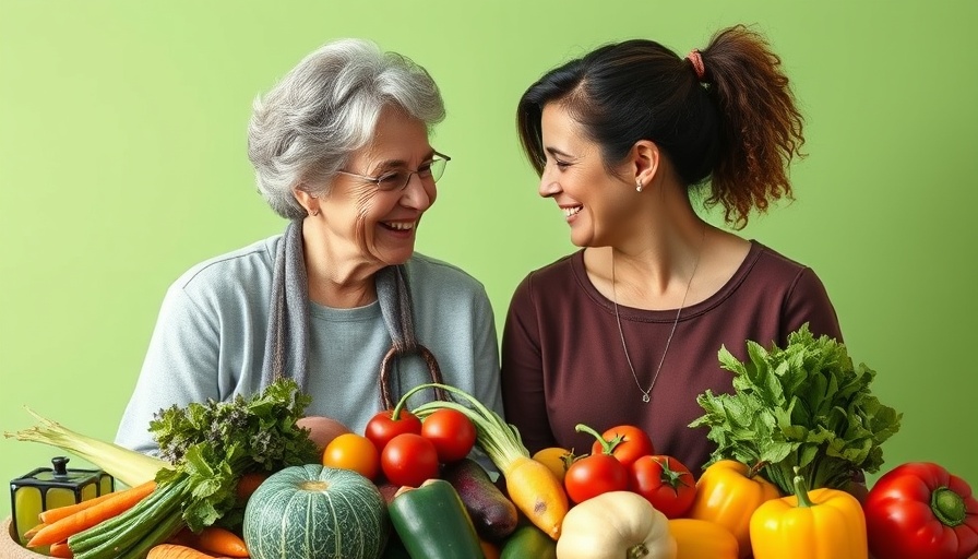 Blue Zone diet benefits depicted by colorful vegetables and smiling women.