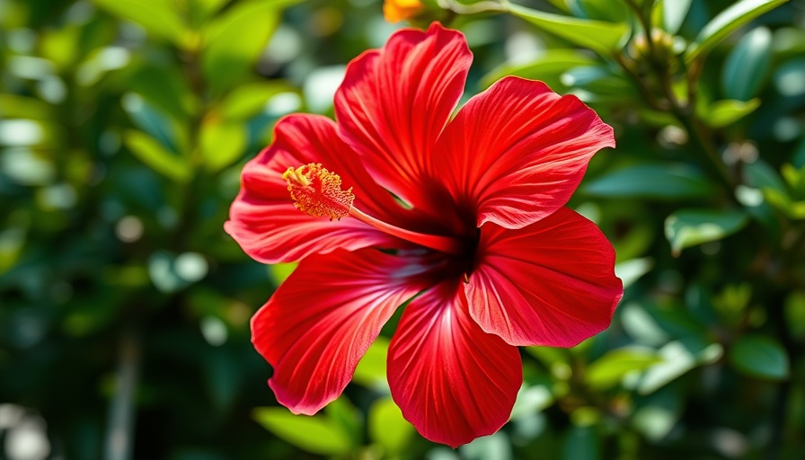 Vibrant red hibiscus flower in lush garden, rich colors