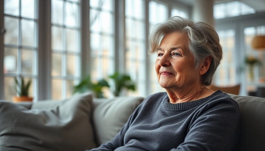 Elderly woman smiling contemplatively, sitting on sofa, bright room.