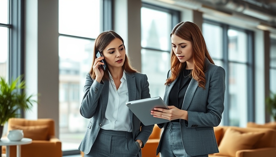 Two women consulting on operations management, one talking on phone, modern office.