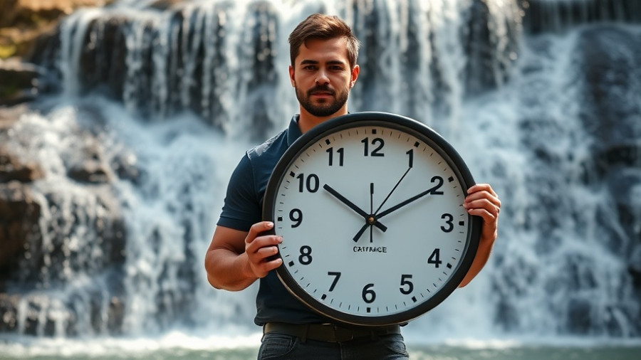Spending money to save time concept with man holding clock by waterfall.