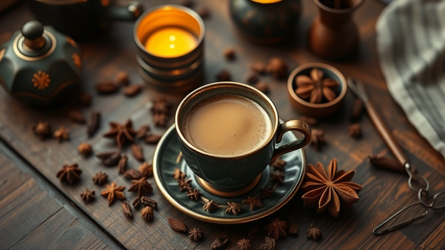 Creamy Cashew Masala Chai Latte with spices on rustic table.