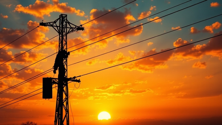 Skilled worker inspecting tower lines at sunset, dramatic sky.