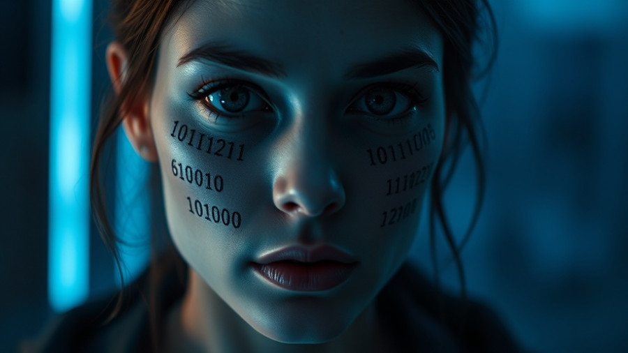 Woman with binary code on face representing mental overstimulation in the digital age.
