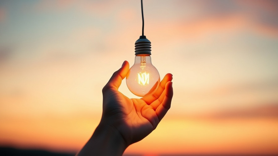 Light bulb in hand against sunset sky symbolizing ideas.