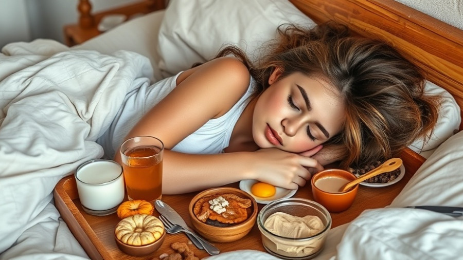 Sleeping woman beside foods that disrupt sleep on a tray.