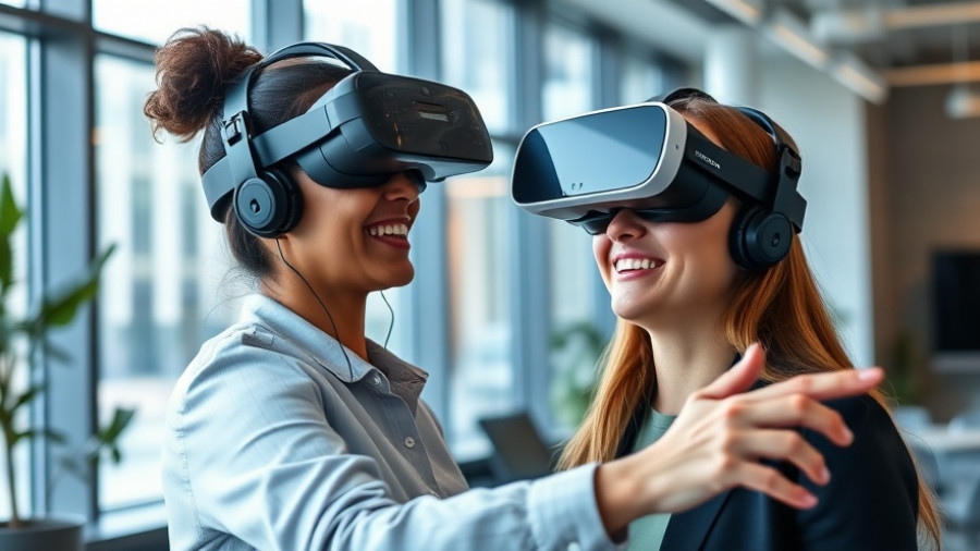 Woman using VR headset for employee training in modern office.