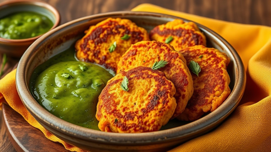 Crispy sweet potato patties with chutney on rustic plate.