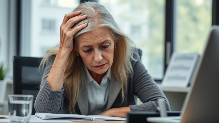 Older woman experiencing brain fog during menopause, seated at desk, tired.