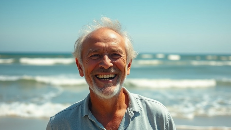 Joyful older man smiling at the beach, finding happiness after retirement.