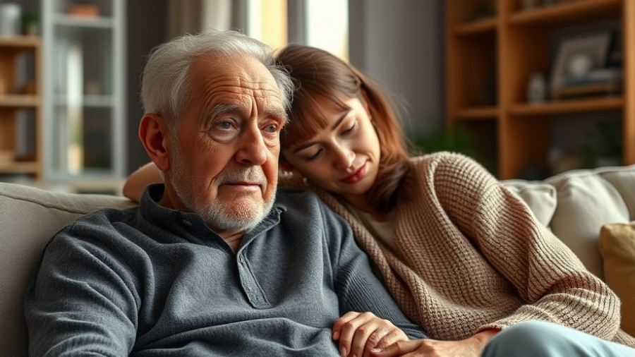 Elderly man comforted by young woman on couch, thoughtful expression.