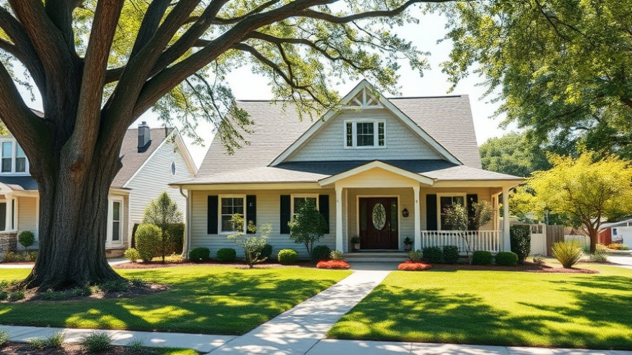 Suburban house under blue sky, lush lawn scene.