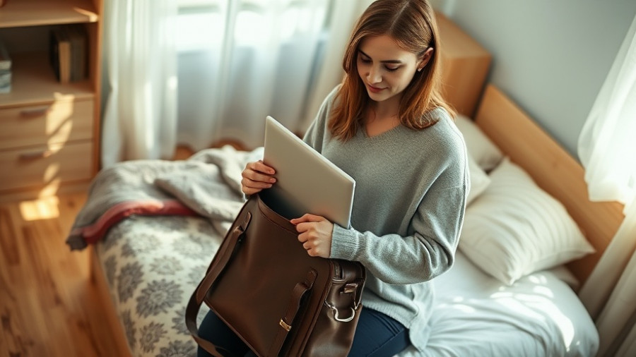 Woman packing laptop in bag for productive travel weeks.