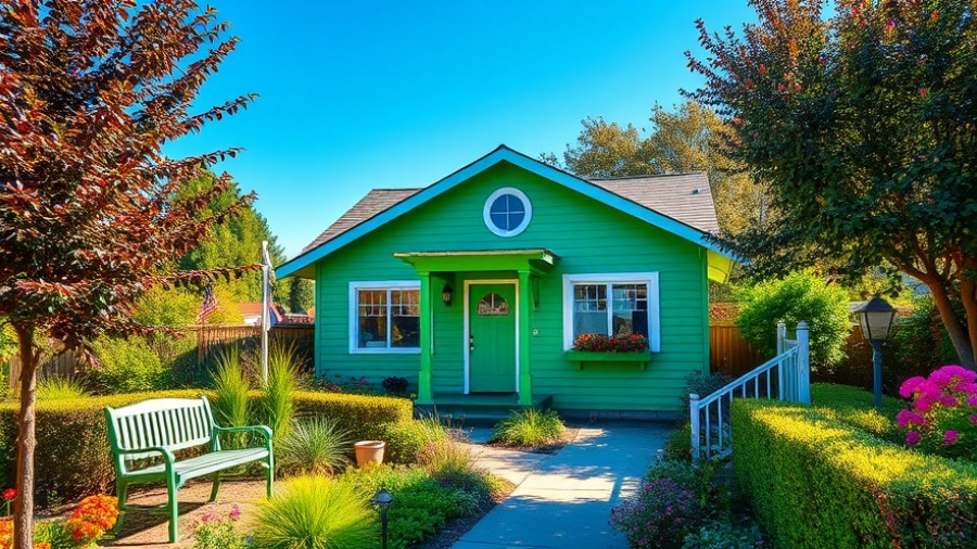 Charming starter home with green exterior and garden path.