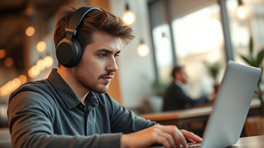 Man using headphones and laptop for social listening tasks.