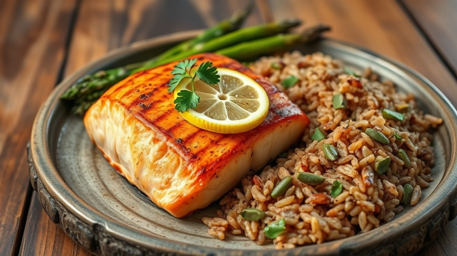 Balanced meal of salmon, asparagus, rice for Food Sequencing and Blood Sugar Control.