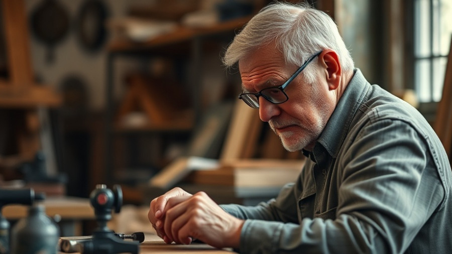 Focused older man working attentively in a workshop, symbolizing focus for productivity.