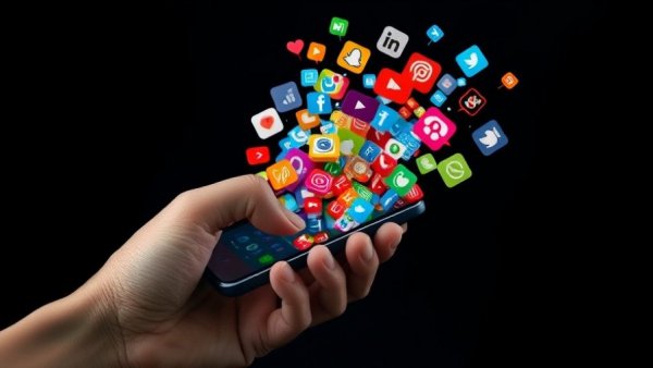 Colorful social media icons emerging from a smartphone, highlighting excessive scrolling.