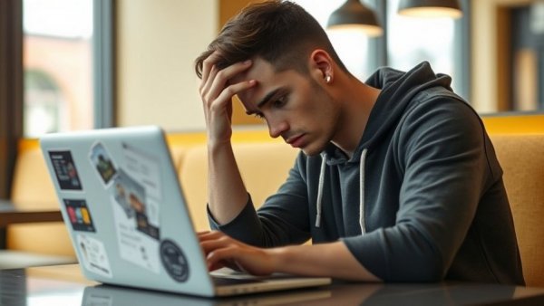 Man experiencing digital energy drain at a cafe.