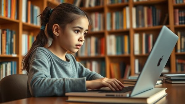 Focused girl studying without distractions in a cozy library.