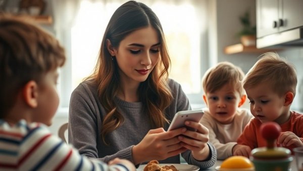 Mother practicing mindful phone habits with children nearby in kitchen.