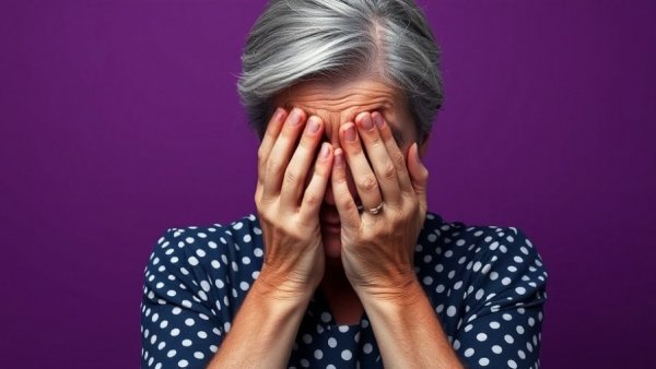 Woman over 40 showing unexpected perimenopause symptom with hands covering face.