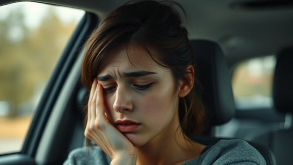 Young woman feeling discomfort in a car, expressing motion sickness.