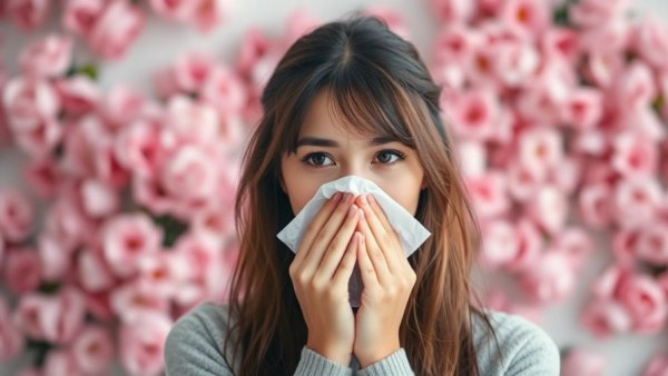 Young woman with a stuffy nose using natural remedies.