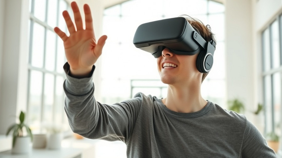 Young man explores virtual home tours for real estate marketing in a bright, modern room.