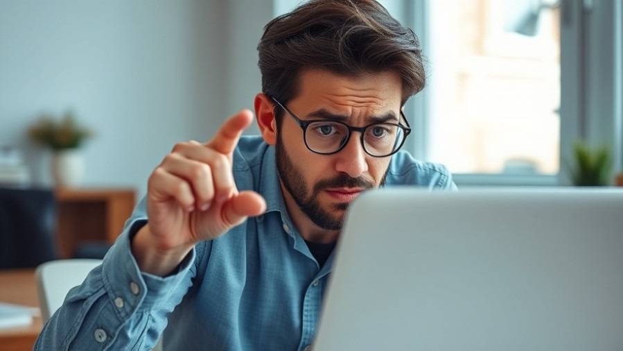 Frustrated local business owner stressed over SEO mistakes at laptop.